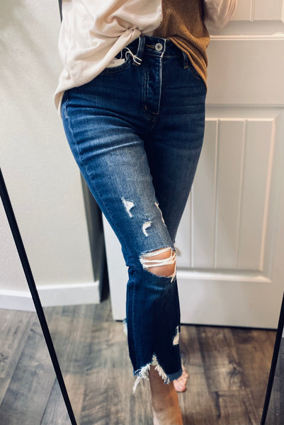 Darkwash Cropped Mom Distressed Denim