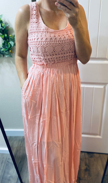 Pink Crochet Lace Maxi Dress