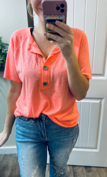 Neon Coral Button Short Sleeve