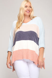Plus Pastel Colorblock 3/4 Sleeve Sweater