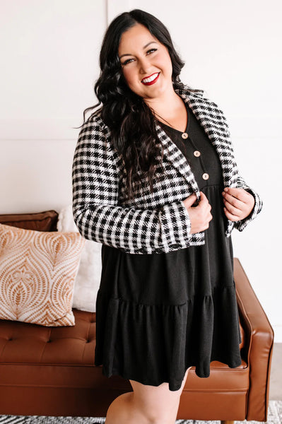 Tiered Black Ribbed Button Dress