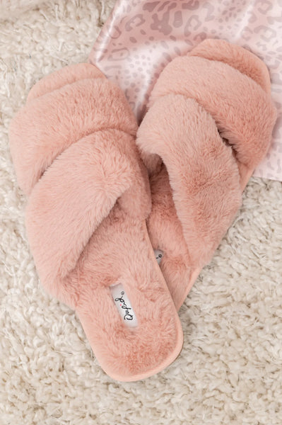 Double Strap Faux Fur Slippers In Blush