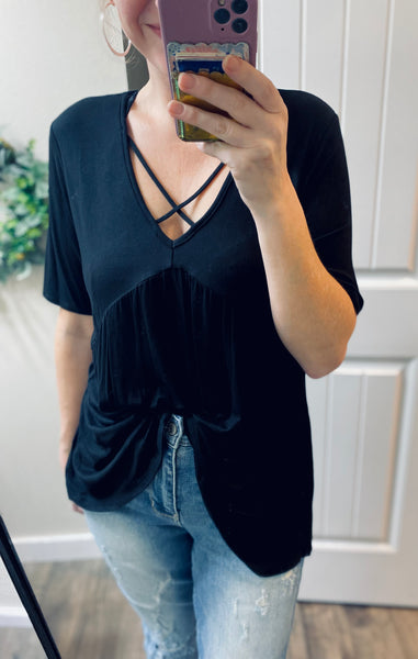 Black Cross Flowy Short Sleeve Top