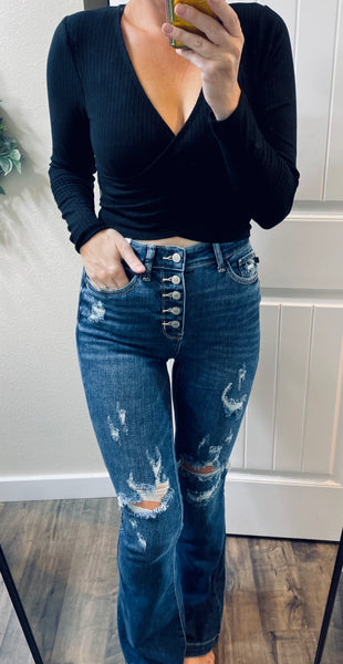 Judy Blue Darkwash Distressed Buttonfly Flare Denim