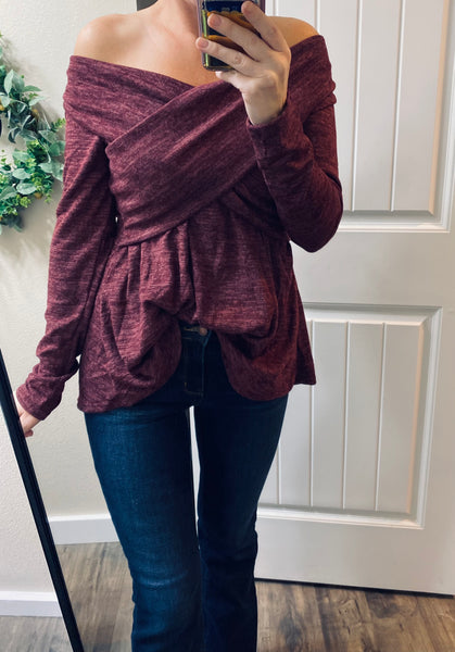 Burgundy Cross Over Off Shoulder Sweater
