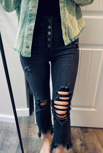 Black Wash Buttonfly Raw Hem Distressed Crop Denim