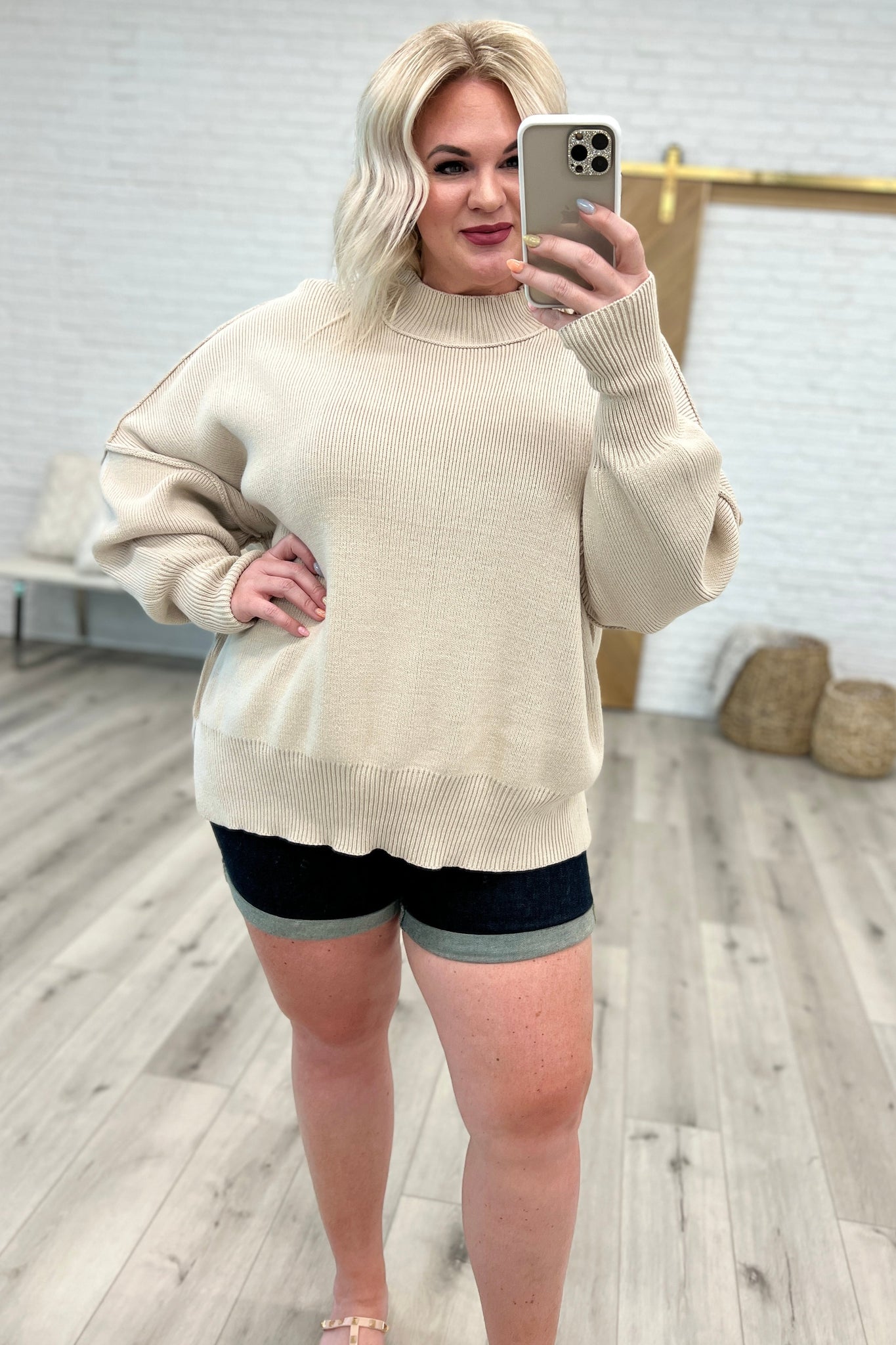 Side Slit Oversized Sweater in Sand Beige
