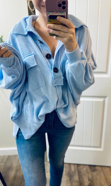 Sky Oversized Corded  Henley Pullover