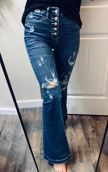 Judy Blue Darkwash Distressed Buttonfly Flare Denim