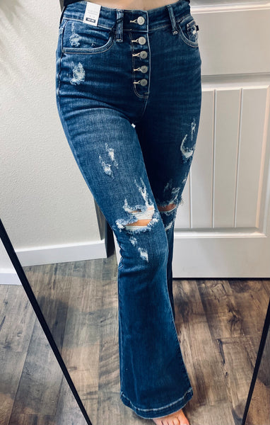 Judy Blue Darkwash Distressed Buttonfly Flare Denim