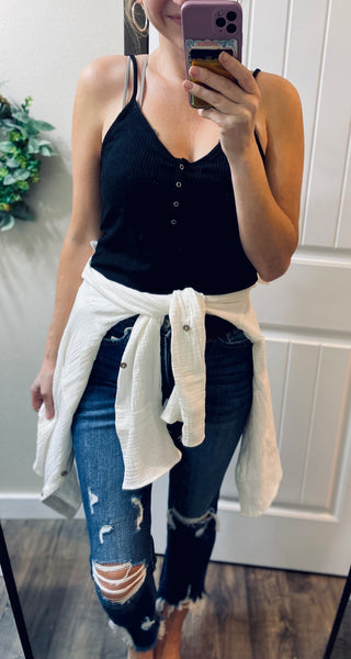 Darkwash Cropped Mom Distressed Denim