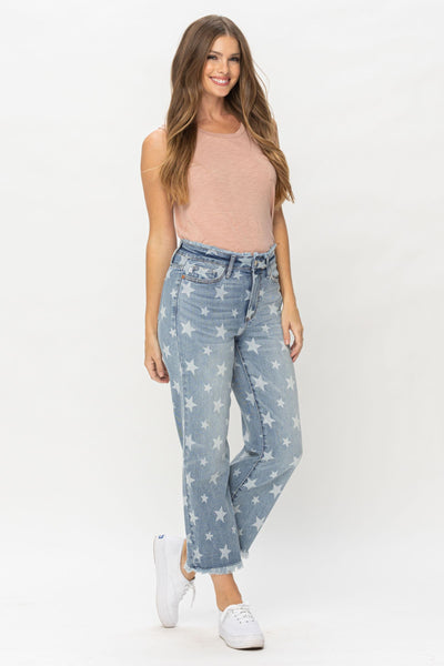 Judy Blue Frayed Star Straight Leg Cropped Denim