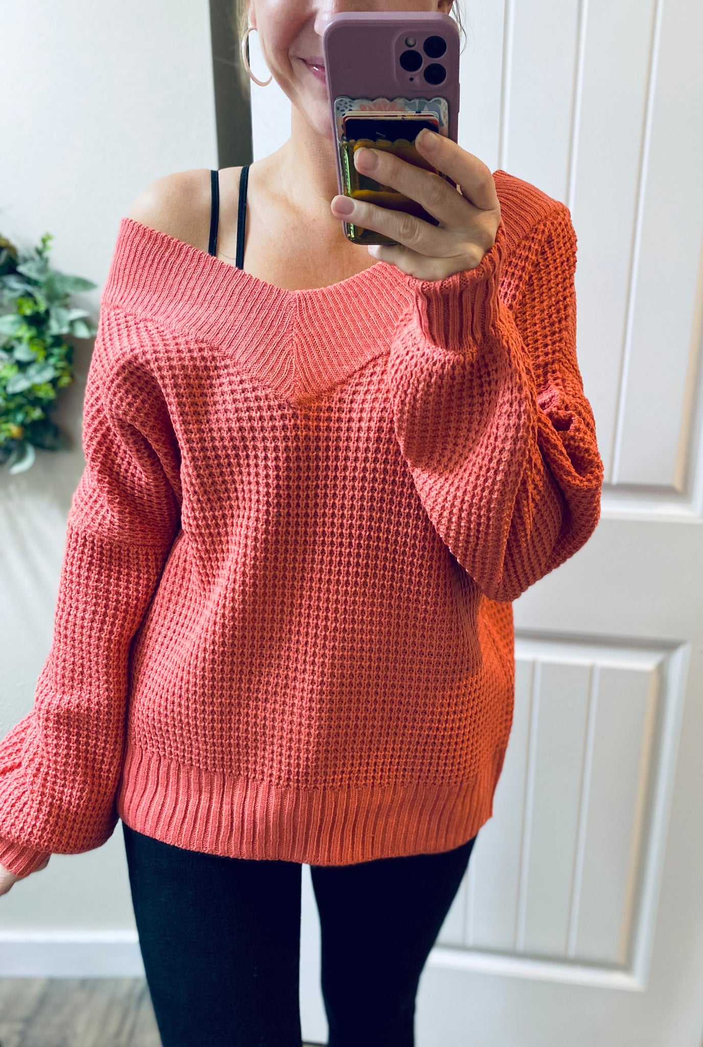 Coral Pink Waffle V on/off Shoulder Sweater