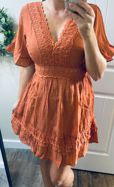 Brick Lace Trim Dress