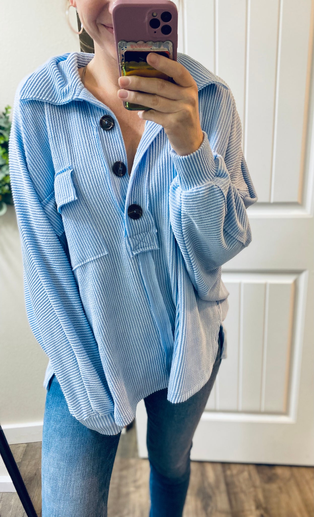 Sky Oversized Corded  Henley Pullover