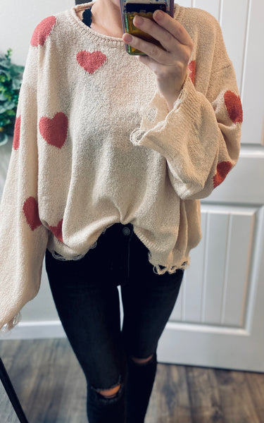 Cream Heart Distressed Sweater