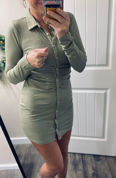 Dusty Olive Ruched Mini Dress