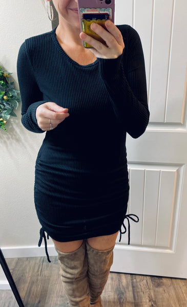 Black Ribbed Ruched Dress