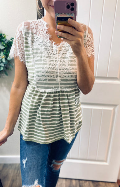 Stripes Of Olive Lace Top