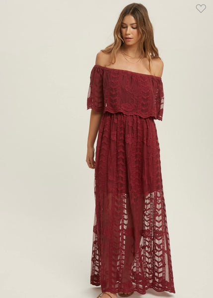 Burgundy Lace Overlay Maxi Dress