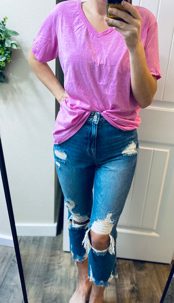 Midwash Tattered Straight Cropped Denim