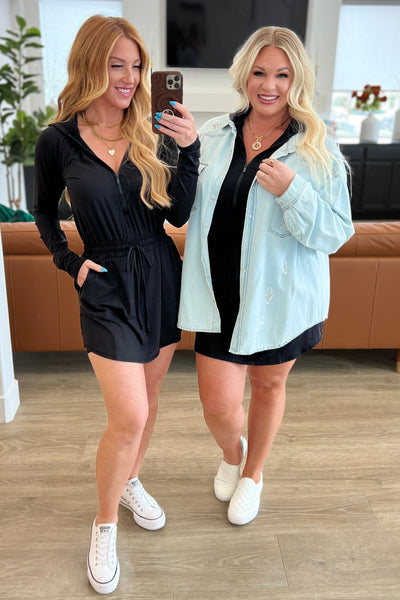 Long Sleeve Hoodie Romper in Black