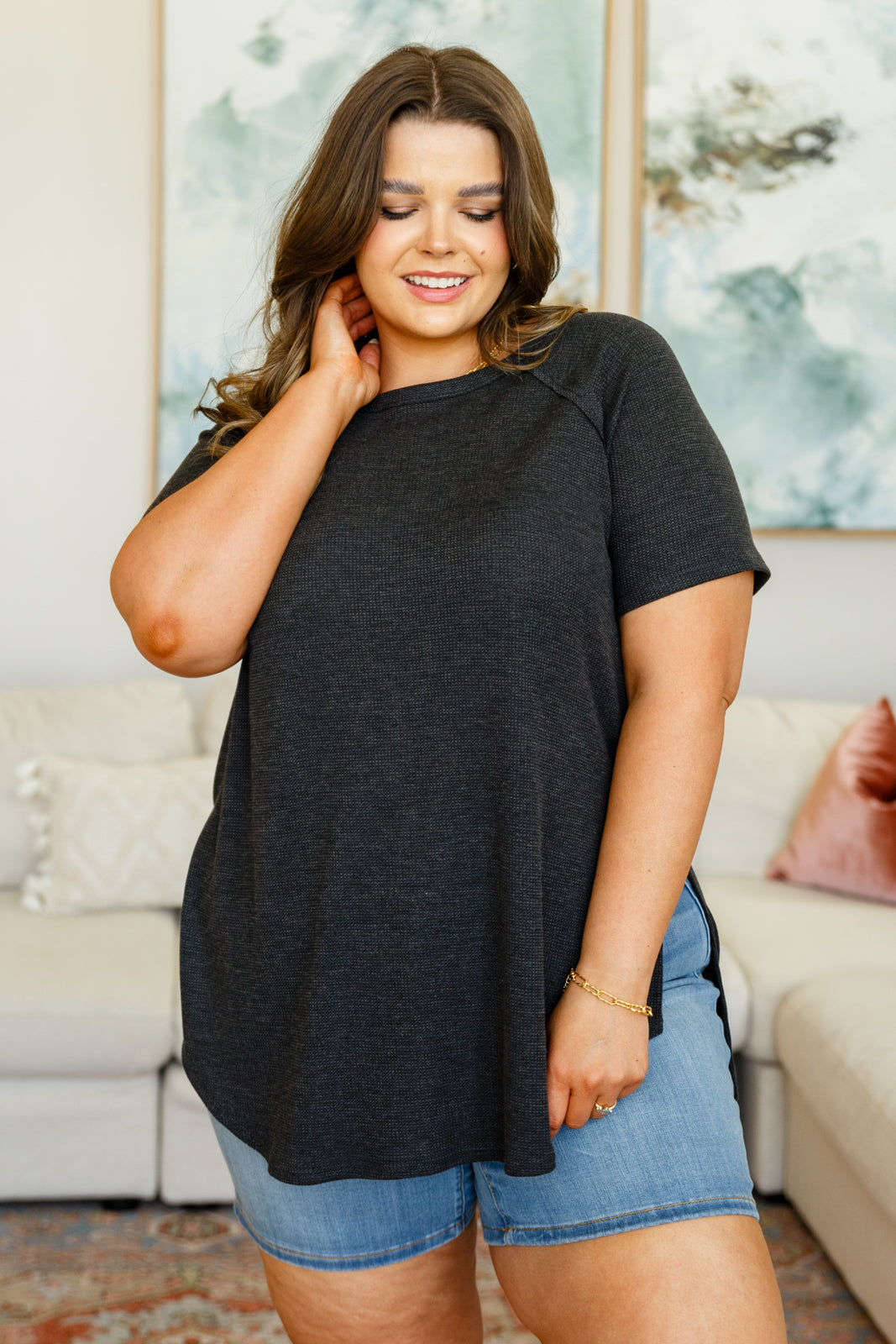 Side Slit Waffle Knit Top in Black