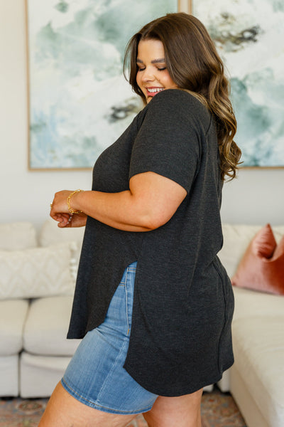Side Slit Waffle Knit Top in Black