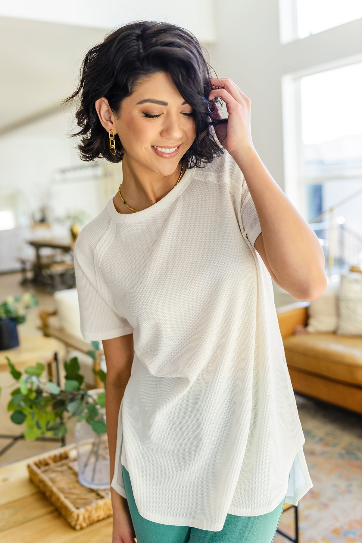 Ivory Side Slit Short Sleeve Top