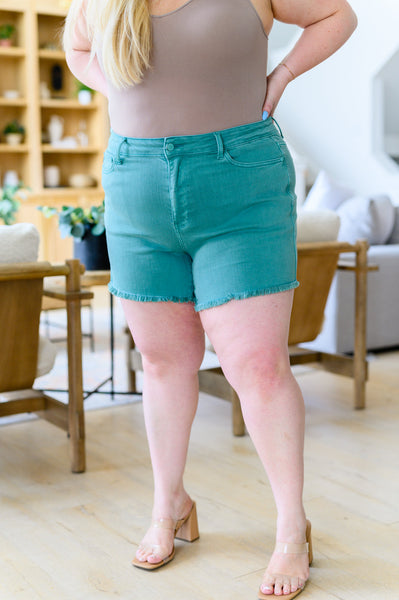 Judy Blue Teal Mid Rise Cut Off Shorts