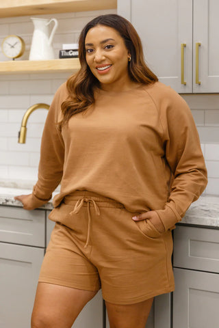 Long Sleeve Sweatshirt Top & Shorts Set In Camel