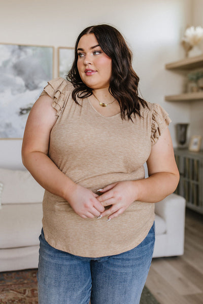 Sand V-Neck Ruffle Sleeve Top