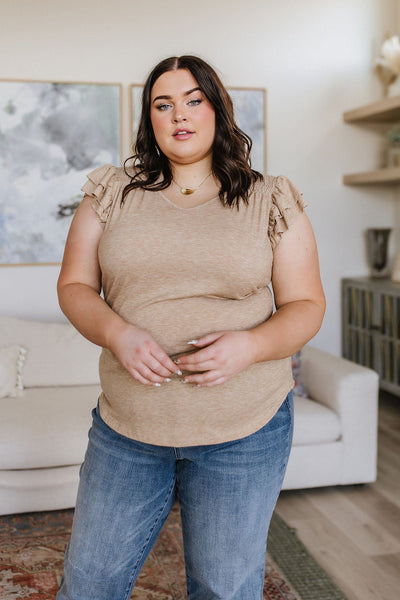 Sand V-Neck Ruffle Sleeve Top
