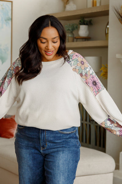 Floral Mountain Waffle Knit Long Sleeve Top