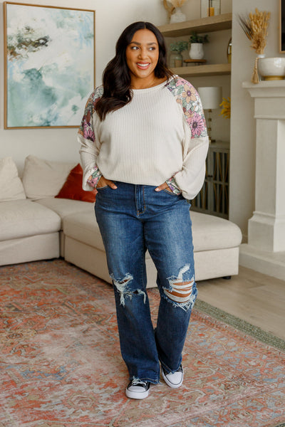 Floral Mountain Waffle Knit Long Sleeve Top