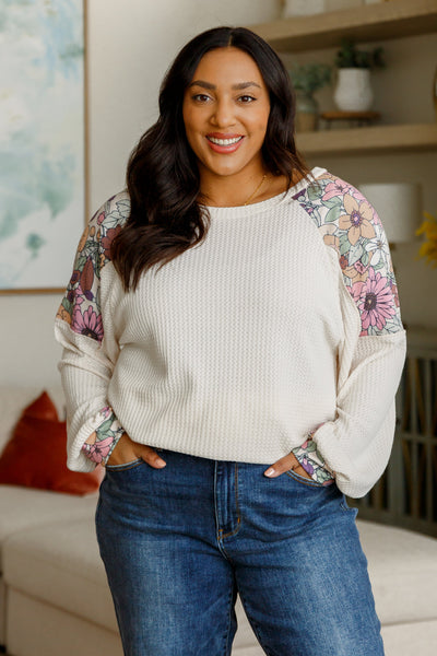 Floral Mountain Waffle Knit Long Sleeve Top