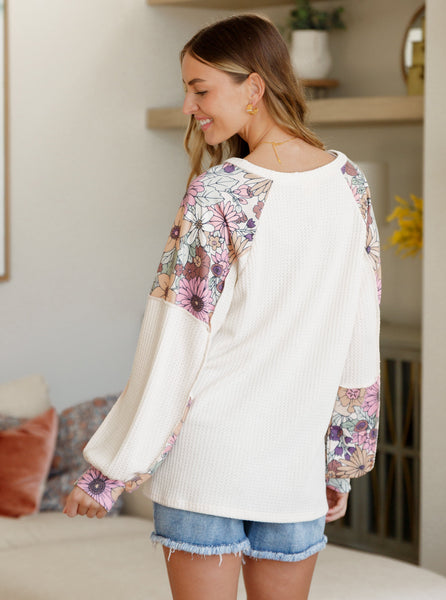 Floral Mountain Waffle Knit Long Sleeve Top