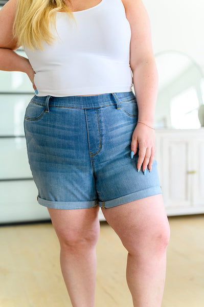 Judy Blue Midwash Pull On Denim Shorts