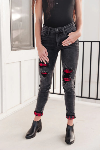 Plaid Peek-A-Boo Jeans in Charcoal
