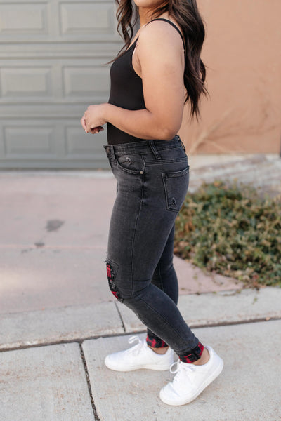 Plaid Peek-A-Boo Jeans in Charcoal