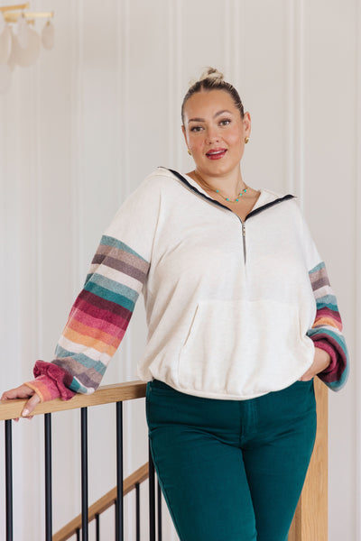 Striped Sleeve Half Zip Hoodie