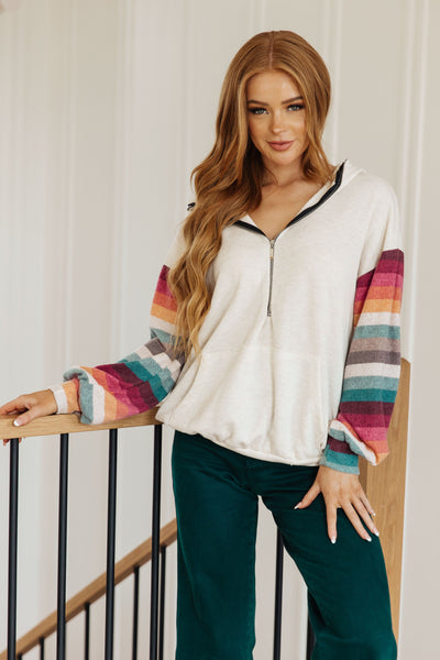 Striped Sleeve Half Zip Hoodie