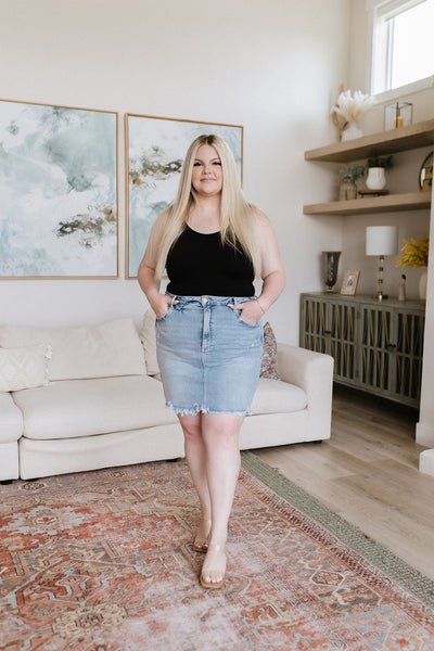 Risen Lightwash Raw Hem Denim Skirt